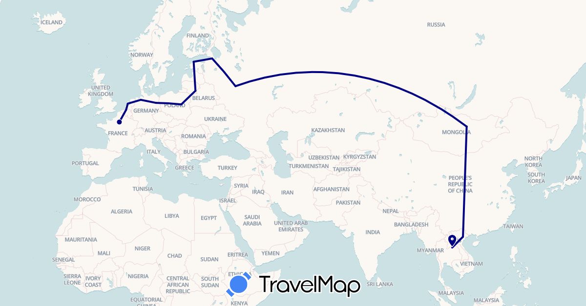 TravelMap itinerary: driving in Belgium, Germany, Estonia, France, Laos, Lithuania, Mongolia, Netherlands, Poland, Russia, Vietnam (Asia, Europe)